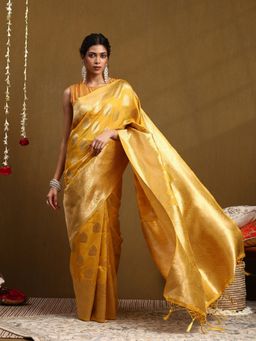 Garden VARELI - Women Yellow Silk Blend Woven Tassel Saree With Unstitched Blouse