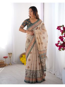 ALMAARI FASHION - Women Ivory Cotton Linen Woven Saree With Unstitched Blouse