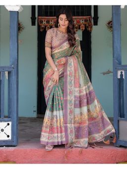 ALMAARI FASHION - Women Teal Cotton Kalamkari Printed Saree With Unstitched Blouse