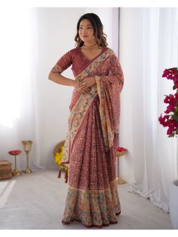 ALMAARI FASHION - Women Maroon Cotton Linen Kalamkari Saree With Unstitched Blouse