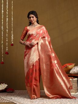 Garden VARELI - Women Orange Silk Blend Woven Tassel Saree With Unstitched Blouse