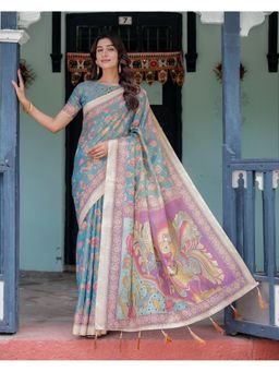 ALMAARI FASHION - Women Teal Cotton Kalamkari Printed Saree With Unstitched Blouse