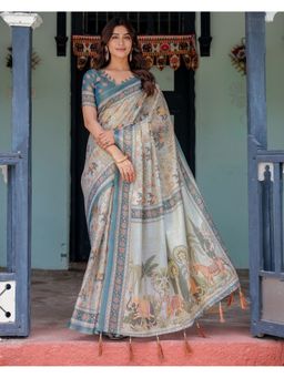 ALMAARI FASHION - Women Ivory Cotton Kalamkari Printed Saree With Unstitched Blouse
