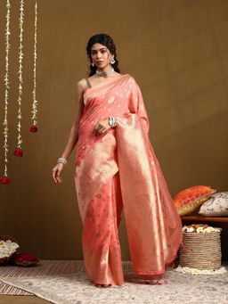 Garden VARELI - Women Orange Silk Blend Woven Tassel Saree With Unstitched Blouse