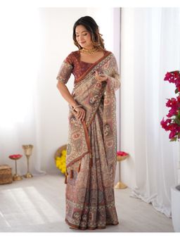 ALMAARI FASHION - Women Ivory Cotton Linen Kalamkari Tassels Saree With Unstitched Blouse