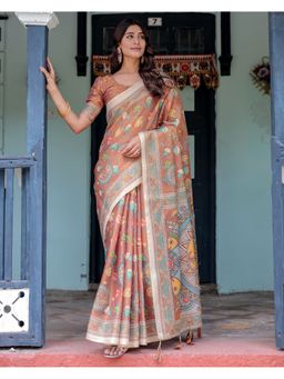 ALMAARI FASHION - Women Rust Cotton Kalamkari Printed Saree With Unstitched Blouse