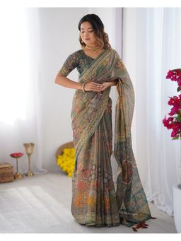 ALMAARI FASHION - Women Green Cotton Linen Kalamkari Saree With Unstitched Blouse