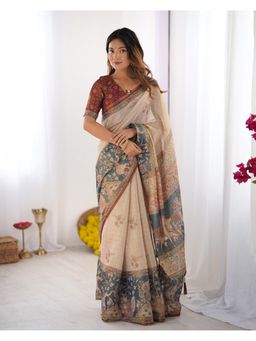 ALMAARI FASHION - Women Ivory Cotton Linen Woven Tassels Saree With Unstitched Blouse