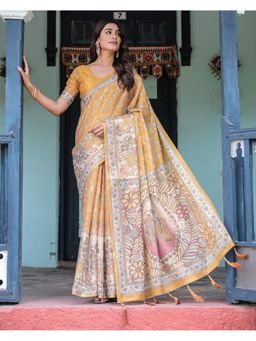 ALMAARI FASHION - Women Mustard Cotton Kalamkari Printed Saree With Unstitched Blouse