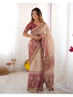 ALMAARI FASHION - Women Beige Cotton Linen Kalamkari Printed Saree With Unstitched Blouse