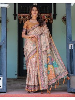 ALMAARI FASHION - Beige Women Cotton Kalamkari Printed Saree With Unstitched Blouse