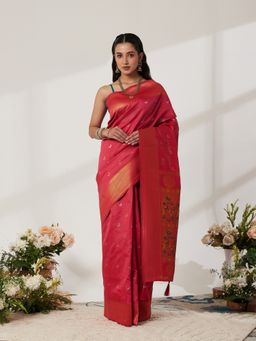 Garden VARELI - Pink Women Silk Blend Woven Saree With Unstitched Blouse