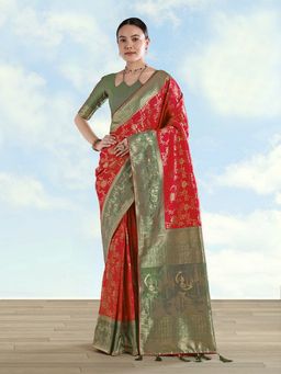 Monjolika Fashion - Red Banarasi Silk Saree With Zari Woven Saree With Unstitched Blouse