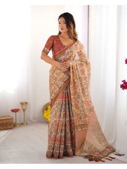 ALMAARI FASHION - Women Beige Cotton Linen Kalamkari Tassel Saree With Unstitched Blouse