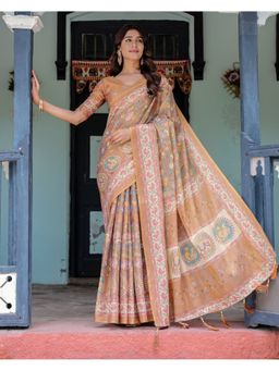 ALMAARI FASHION - Women Brown Cotton Kalamkari Printed Saree With Unstitched Blouse