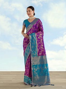 Monjolika Fashion - Purple Banarasi Silk Saree With Zari Woven Saree With Unstitched Blouse