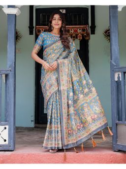 ALMAARI FASHION - Women Blue Cotton Kalamkari Printed Saree With Unstitched Blouse