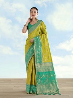 Monjolika Fashion - Green Banarasi Silk Saree With Zari Woven Saree With Unstitched Blouse