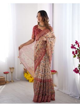 ALMAARI FASHION - Women Beige Cotton Linen Kalamkari Tassel Saree With Unstitched Blouse