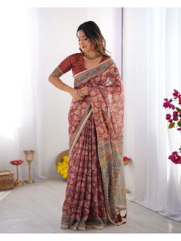 ALMAARI FASHION - Women Maroon Cotton Linen Kalamkari Printed Saree With Unstitched Blouse