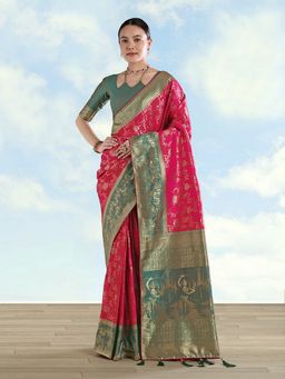Monjolika Fashion - Pink Banarasi Silk Saree With Zari Woven Saree With Unstitched Blouse