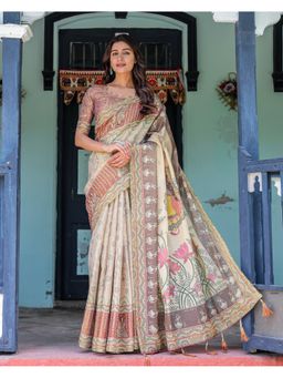 ALMAARI FASHION - Women Cream Cotton Kalamkari Saree With Unstitched Blouse