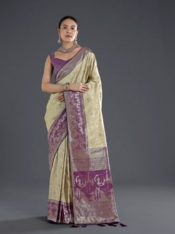 Monjolika Fashion - Cream Banarasi Silk Saree With Zari Woven Saree With Unstitched Blouse