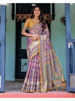 ALMAARI FASHION - Women Purple Cotton Kalamkari Printed Saree With Unstitched Blouse