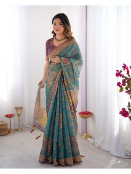 ALMAARI FASHION - Women Teal Cotton Linen Kalamkari Printed Saree With Unstitched Blouse