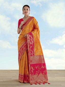 Monjolika Fashion - Orange Banarasi Silk Saree With Zari Woven Saree With Unstitched Blouse