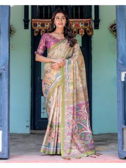 ALMAARI FASHION - Women Off White Cotton Kalamkari Printed Saree With Unstitched Blouse
