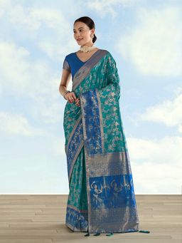 Monjolika Fashion - Turquoise Banarasi Silk Saree With Zari Woven Saree With Unstitched Blouse