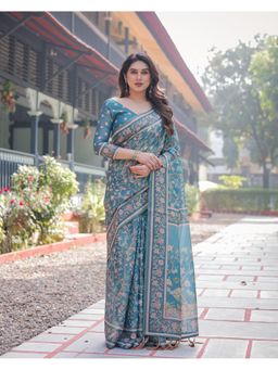 ALMAARI FASHION - Women Blue Cotton Linen Kalamkari Printed Saree With Unstitched Blouse