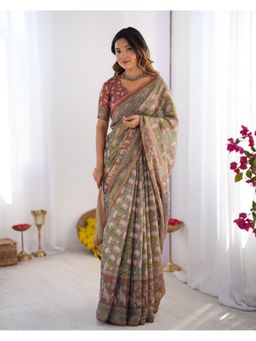 ALMAARI FASHION - Green Cotton Linen Woven Saree With Unstitched Blouse