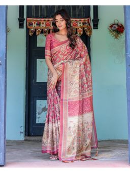 ALMAARI FASHION - Pink Cotton Kalamkari Printed Saree With Unstitched Blouse