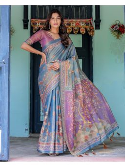 ALMAARI FASHION - Women Blue Cotton Kalamkari Printed Saree With Unstitched Blouse