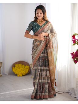 ALMAARI FASHION - Women Green Cotton Linen Kalamkari Printed Saree With Unstitched Blouse