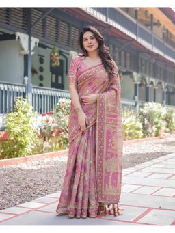 ALMAARI FASHION - Women Pink Cotton Linen Kalamkari Printed Saree With Unstitched Blouse