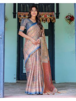 ALMAARI FASHION - Women Beige Cotton Kalamkari Printed Saree With Unstitched Blouse