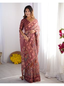 ALMAARI FASHION - Maroon Cotton Linen Kalamkari Printed Tassel Saree With Unstitched Blouse