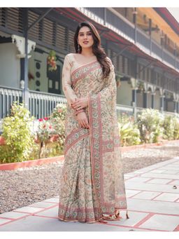 ALMAARI FASHION - Women Beige Cotton Linen Kalamkari Printed Saree With Unstitched Blouse