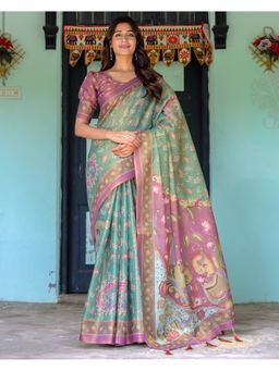 ALMAARI FASHION - Women Green Cotton Kalamkari Printed Saree With Unstitched Blouse