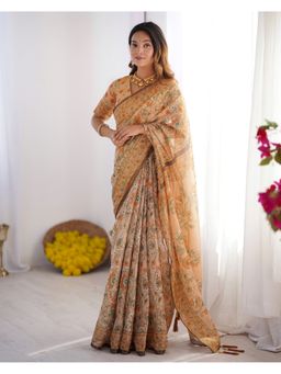 ALMAARI FASHION - Women Peach Cotton Linen Kalamkari Printed Tassel Saree With Unstitched Blouse
