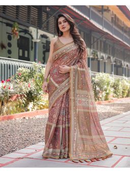 ALMAARI FASHION - Women Brown Cotton Linen Kalamkari Printed Saree With Unstitched Blouse