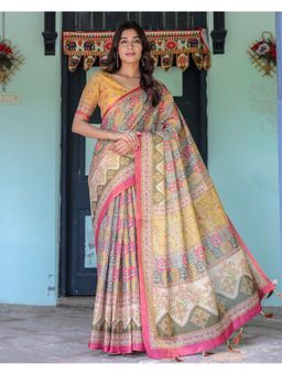ALMAARI FASHION - Women Olive Cotton Kalamkari Printed Tassel Saree With Unstitched Blouse