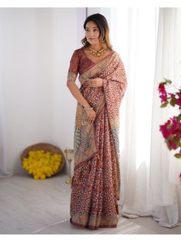 ALMAARI FASHION - Women Maroon Cotton Linen Kalamkari Printed Saree With Unstitched Blouse