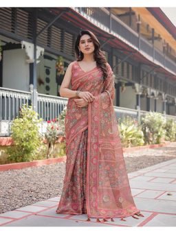 ALMAARI FASHION - Women Rust Cotton Linen Kalamkari Printed Saree With Unstitched Blouse