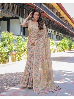 ALMAARI FASHION - Women Ivory Cotton Kalamkari Printed Saree With Unstitched Blouse