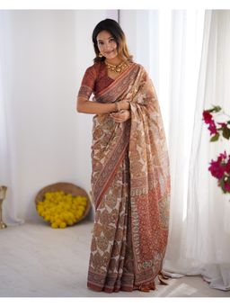 ALMAARI FASHION - Women Rust Cotton Linen Kalamkari Printed Saree With Unstitched Blouse