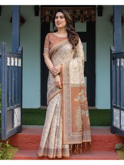 ALMAARI FASHION - Women Off White Cotton Linen Kalamkari Printed Saree With Unstitched Blouse